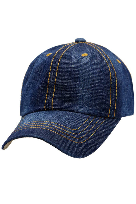 Denim Stitched Twill Cotton Six Panel Baseball Cap: Denim Blue