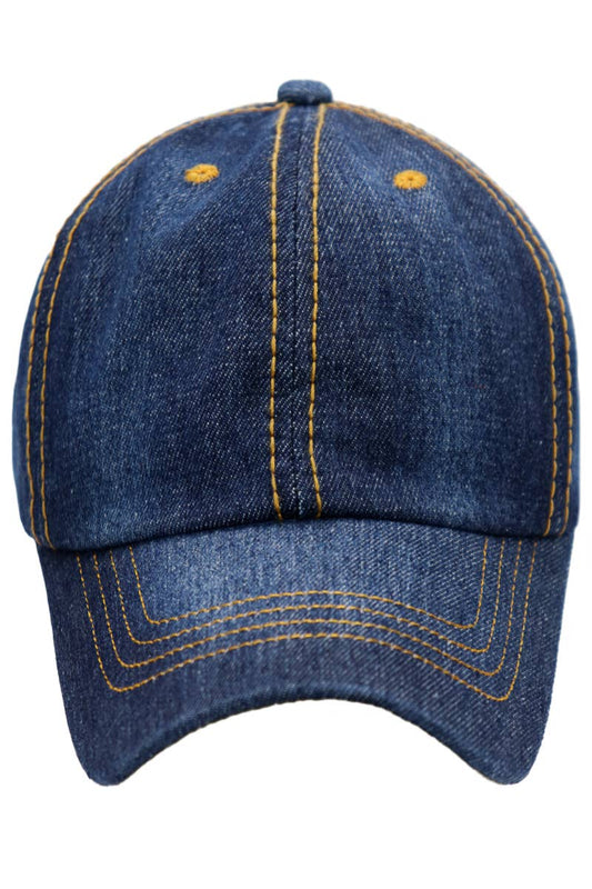 Denim Stitched Twill Cotton Six Panel Baseball Cap: Denim Dark Blue