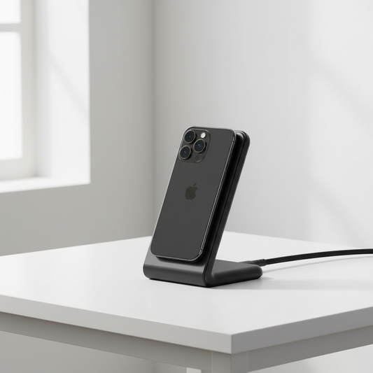 iPhone magnetically attached and charging on black MagSafe wireless charging stand