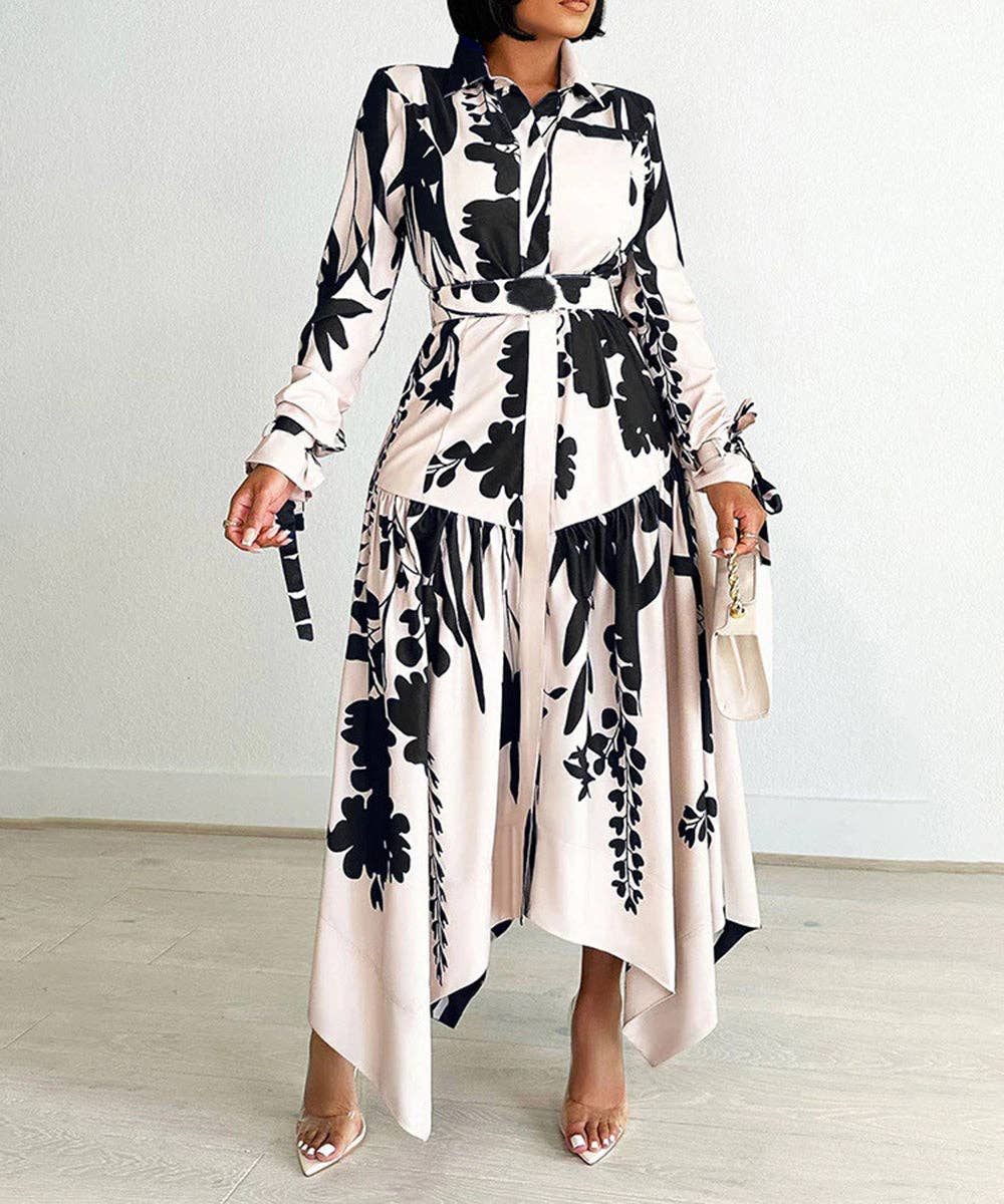 Cowl Neck Belted Print Maxi Dress: Black / 3XL