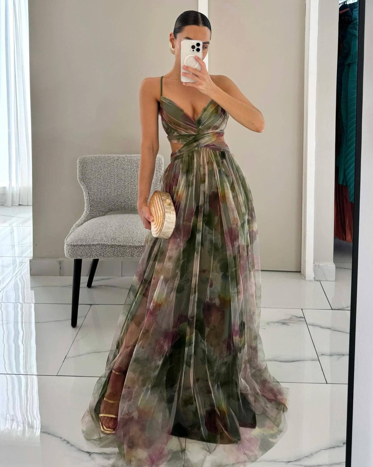 Yellow Mesh-Print Halter Swing Dress