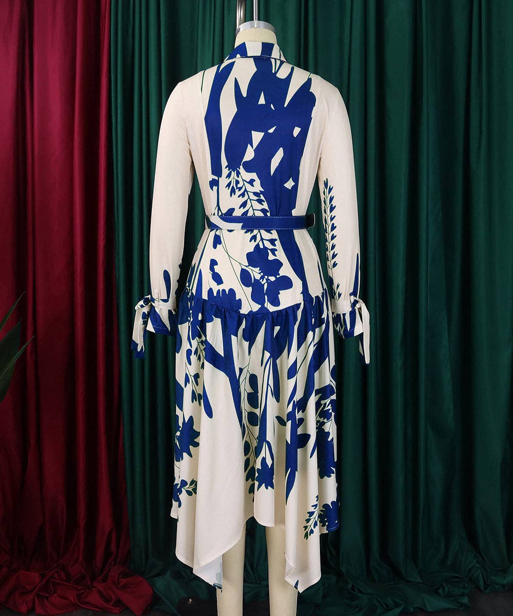 Cowl Neck Belted Print Maxi Dress: Black / 3XL