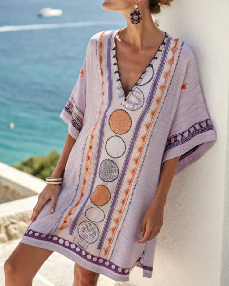V-Neck Seaside Print Loose Dress, NO-2 / M