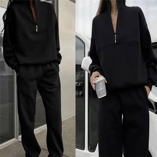 Casual Long Sleeve sweatshirt And Pants Set: BLACK / XL