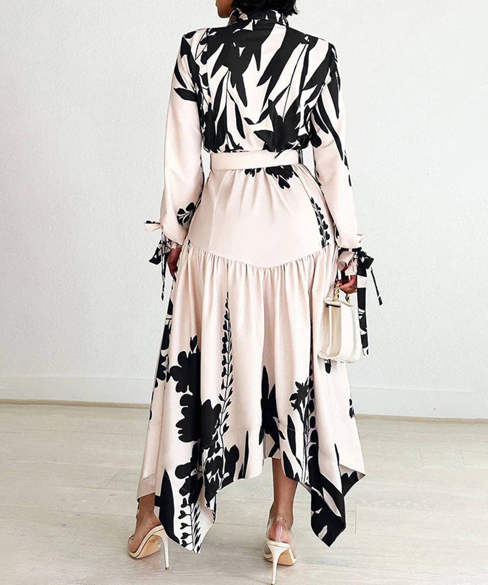 Cowl Neck Belted Print Maxi Dress: Black / 3XL