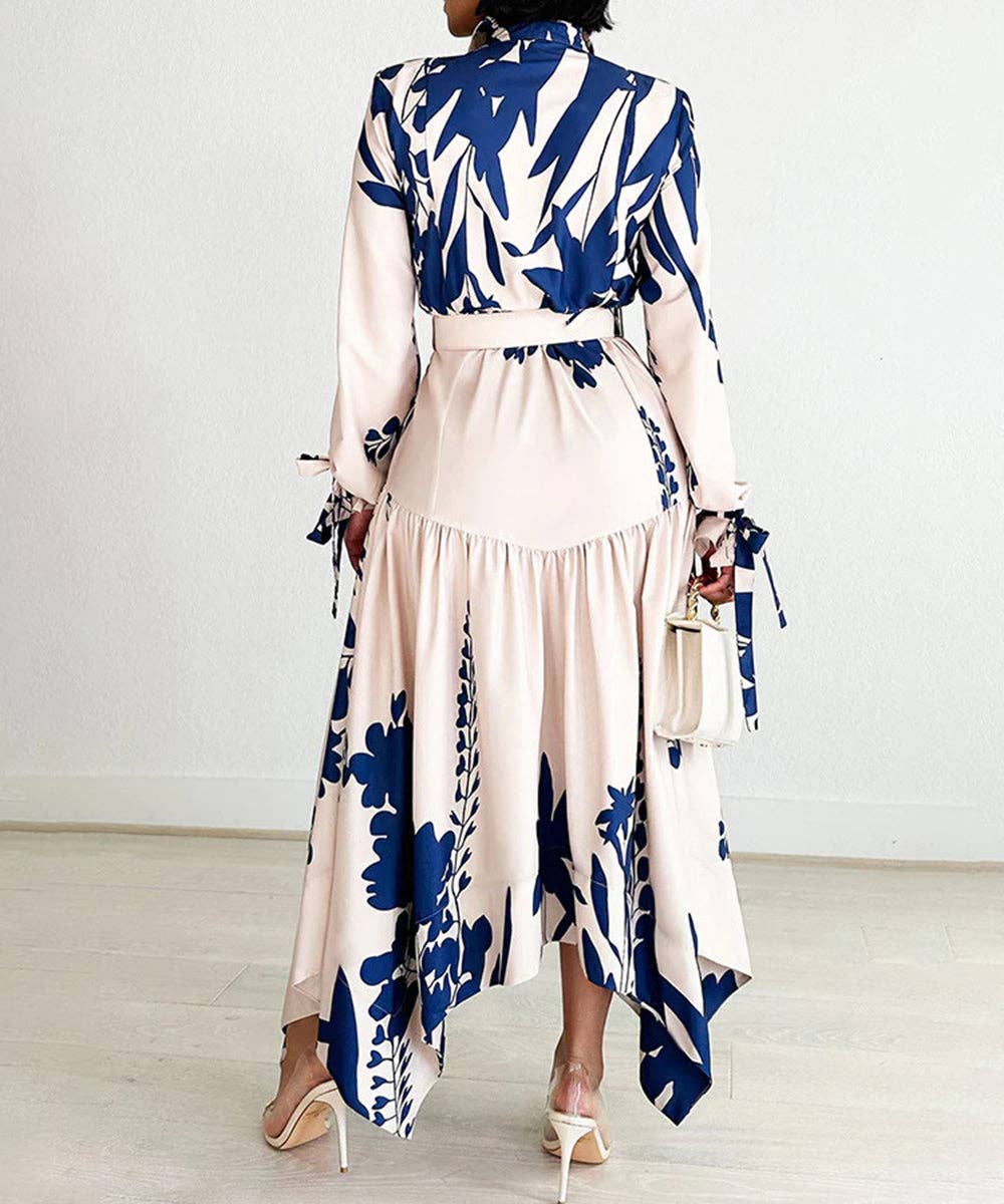 Cowl Neck Belted Print Maxi Dress: Black / 3XL