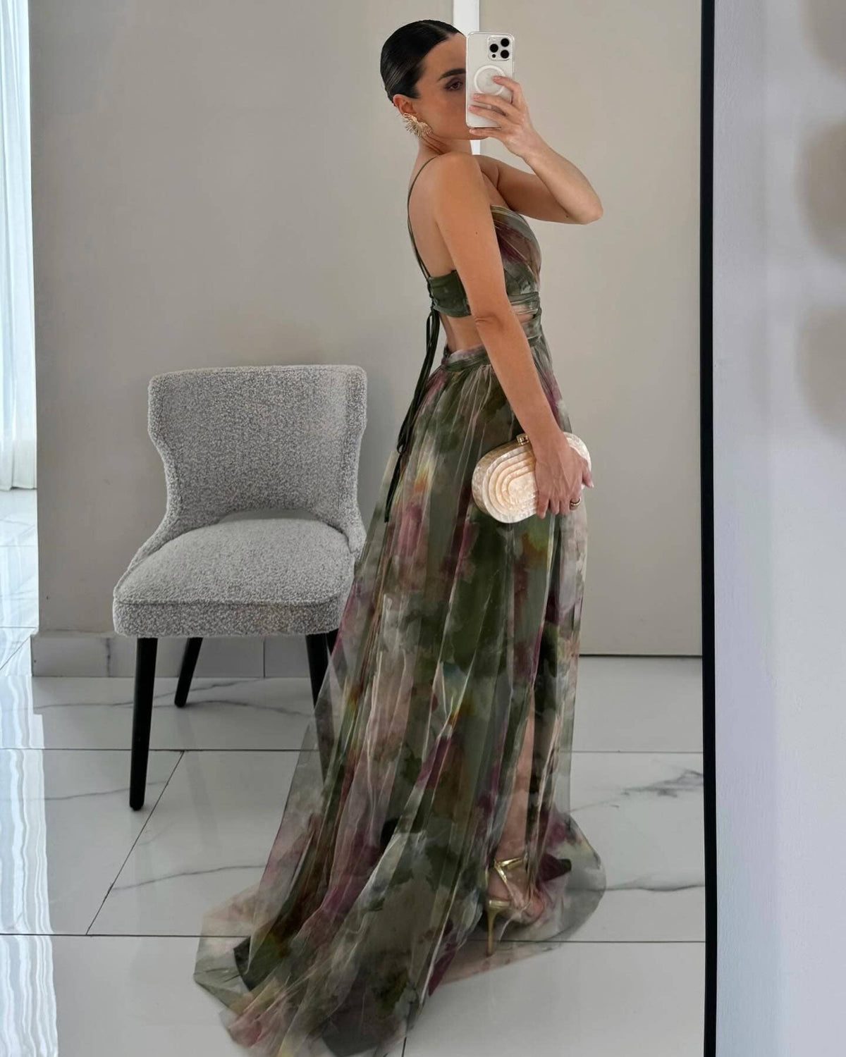 Army-Green Mesh-Print Halter Swing Dress