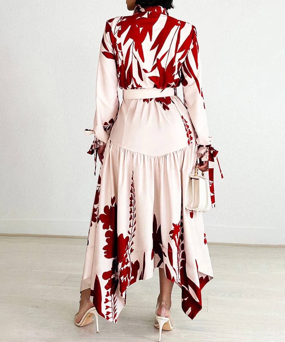 Cowl Neck Belted Print Maxi Dress: Black / 3XL