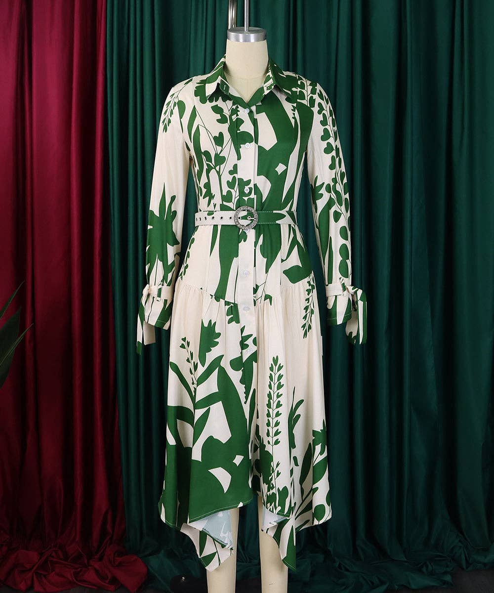 Cowl Neck Belted Print Maxi Dress: Black / 3XL