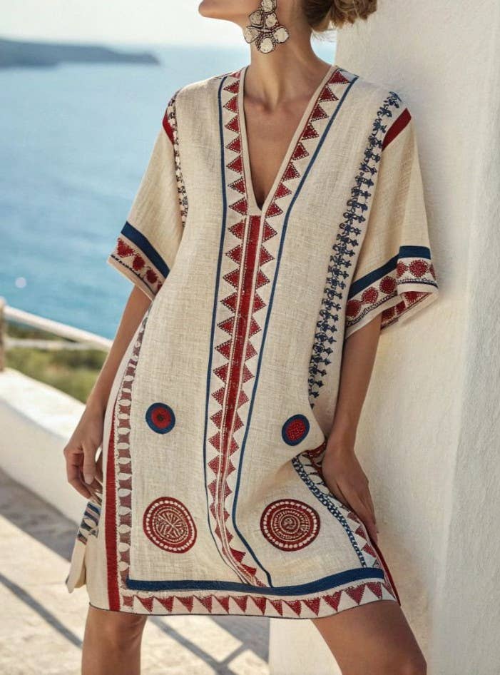 V-Neck Seaside Print Loose Dress, NO-2 / M