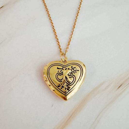 Nostalgic Heart Initial Open Locket Necklace: K