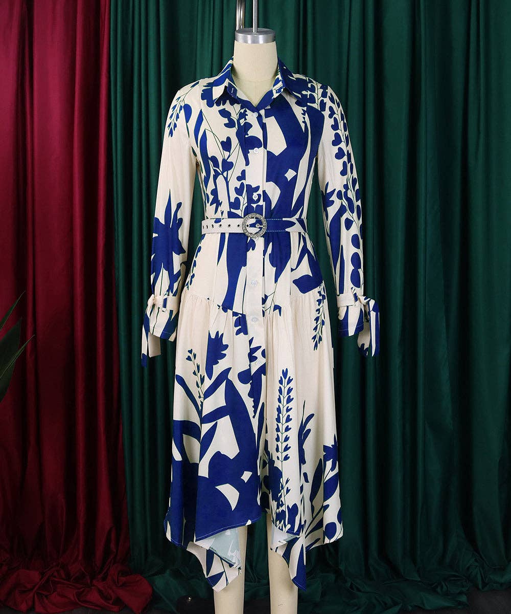 Cowl Neck Belted Print Maxi Dress: Black / 3XL