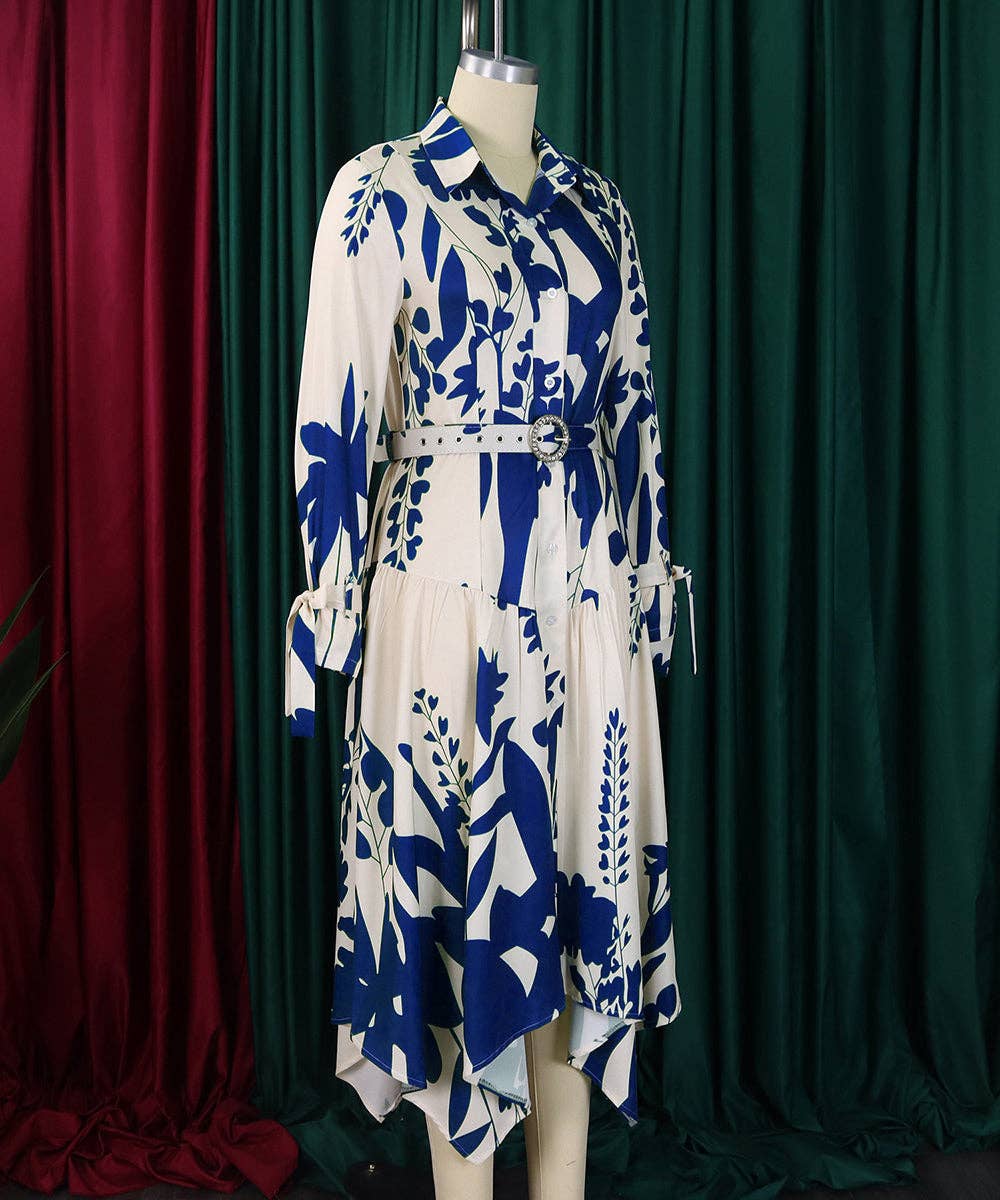 Cowl Neck Belted Print Maxi Dress: Black / 3XL