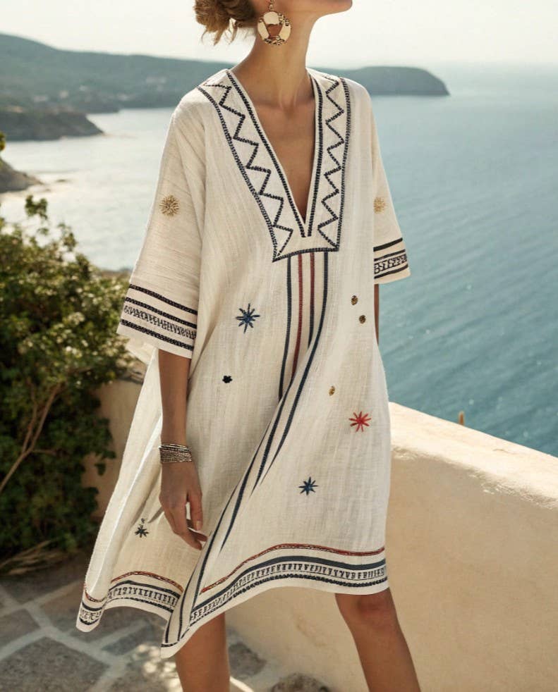 V-Neck Seaside Print Loose Dress, NO-17 / L