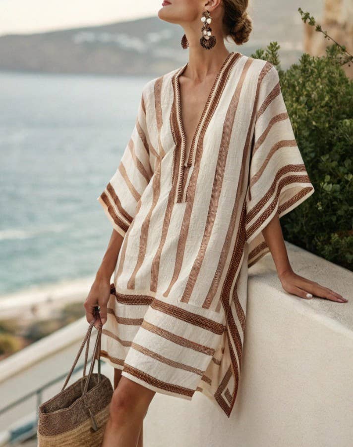 V-Neck Seaside Print Loose Dress, NO-24 / M