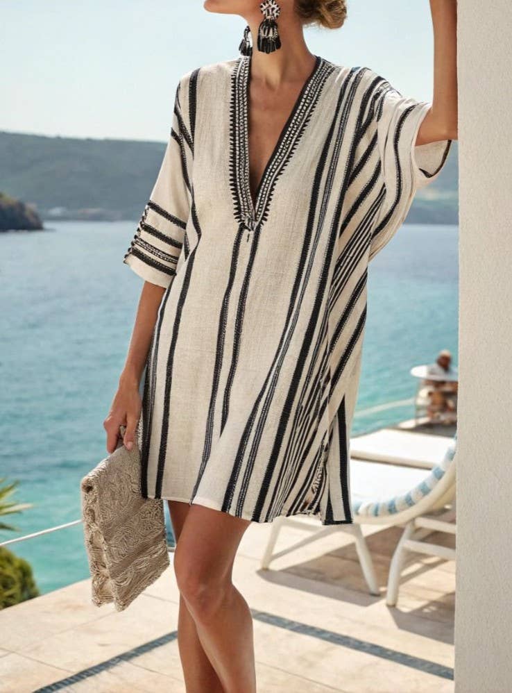V-Neck Seaside Print Loose Dress, NO-17 / L