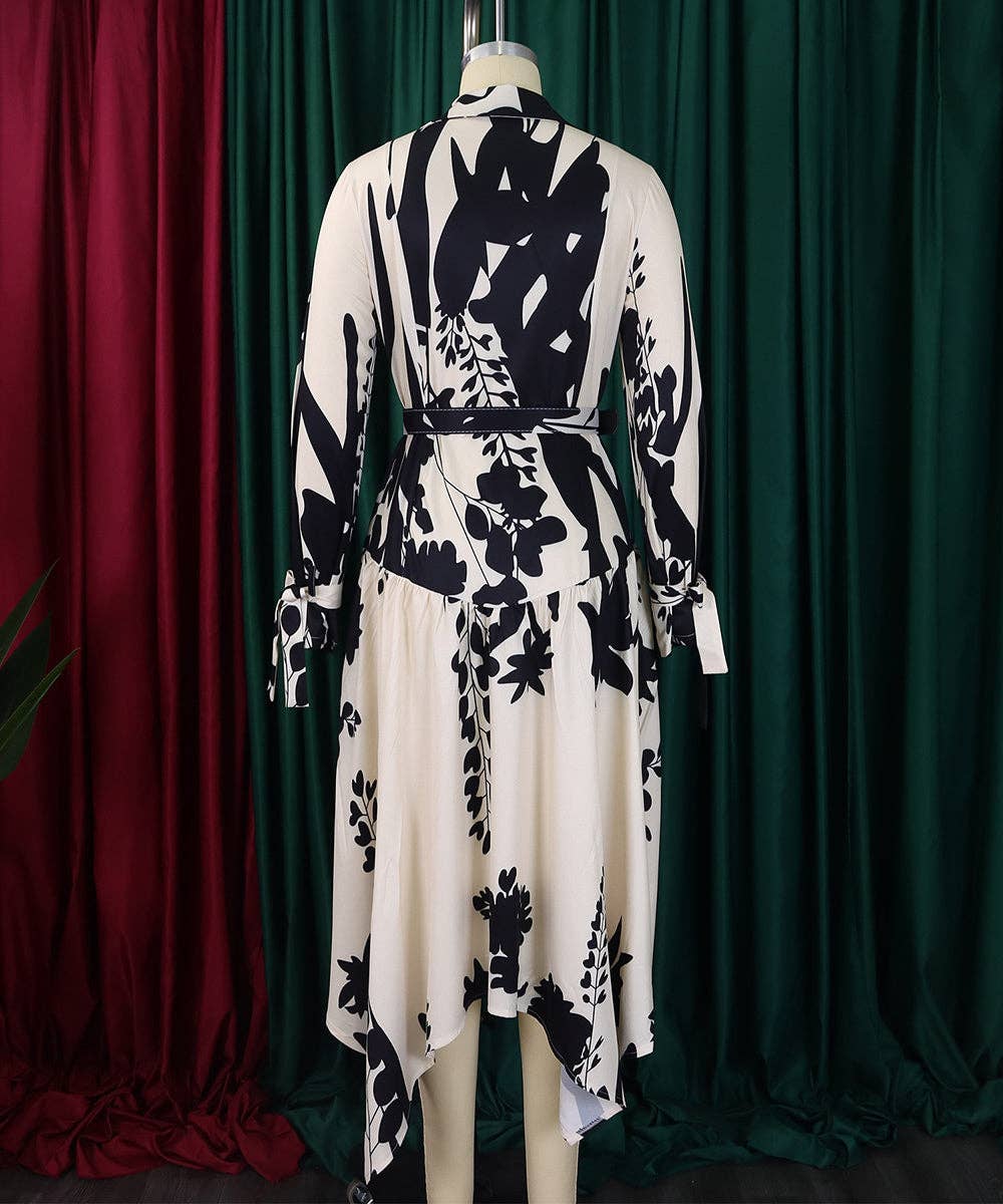 Cowl Neck Belted Print Maxi Dress: Black / 3XL