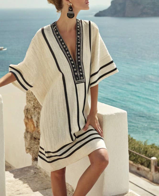 V-Neck Seaside Print Loose Dress, NO-24 / M