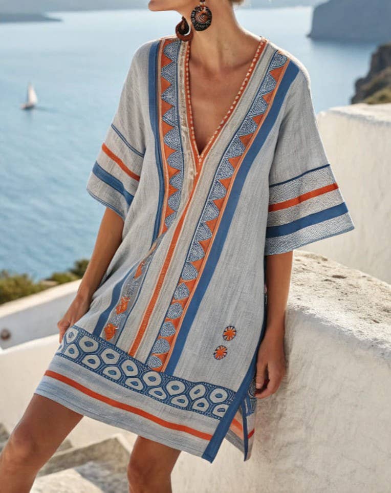 V-Neck Seaside Print Loose Dress, NO-2 / M