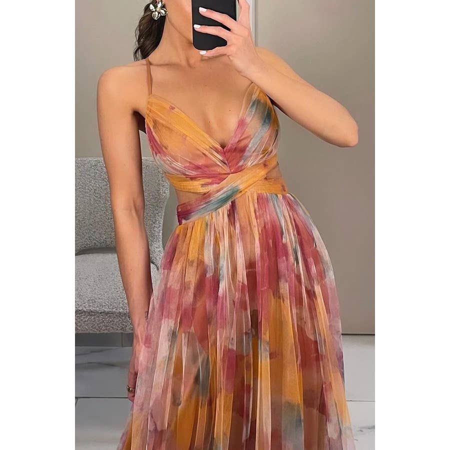 Yellow Mesh-Print Halter Swing Dress
