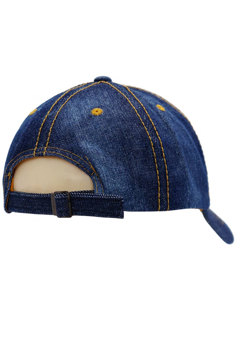 Denim Stitched Twill Cotton Six Panel Baseball Cap: Denim Dark Blue