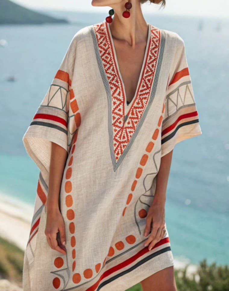 V-Neck Seaside Print Loose Dress, NO-24 / M