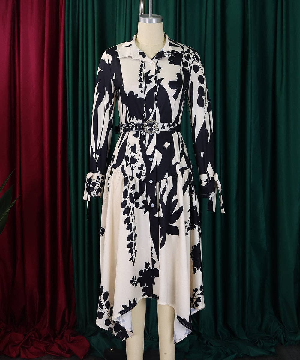 Cowl Neck Belted Print Maxi Dress: Black / 3XL