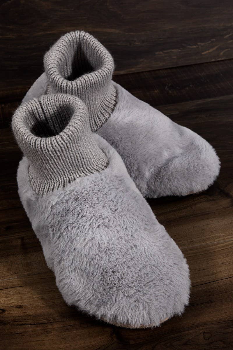 Metallic Ribbed Fur Slippers: Grey(L/Xl)