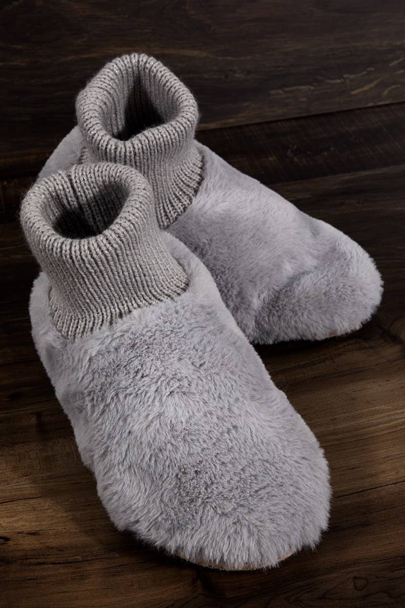 Metallic Ribbed Fur Slippers: Grey(L/Xl) / OS - THE OKEY GIFT SHOP