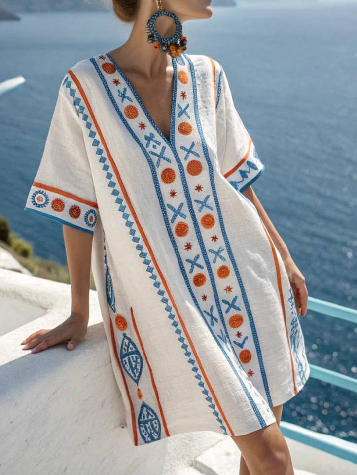 V-Neck Seaside Print Loose Dress, NO-24 / M