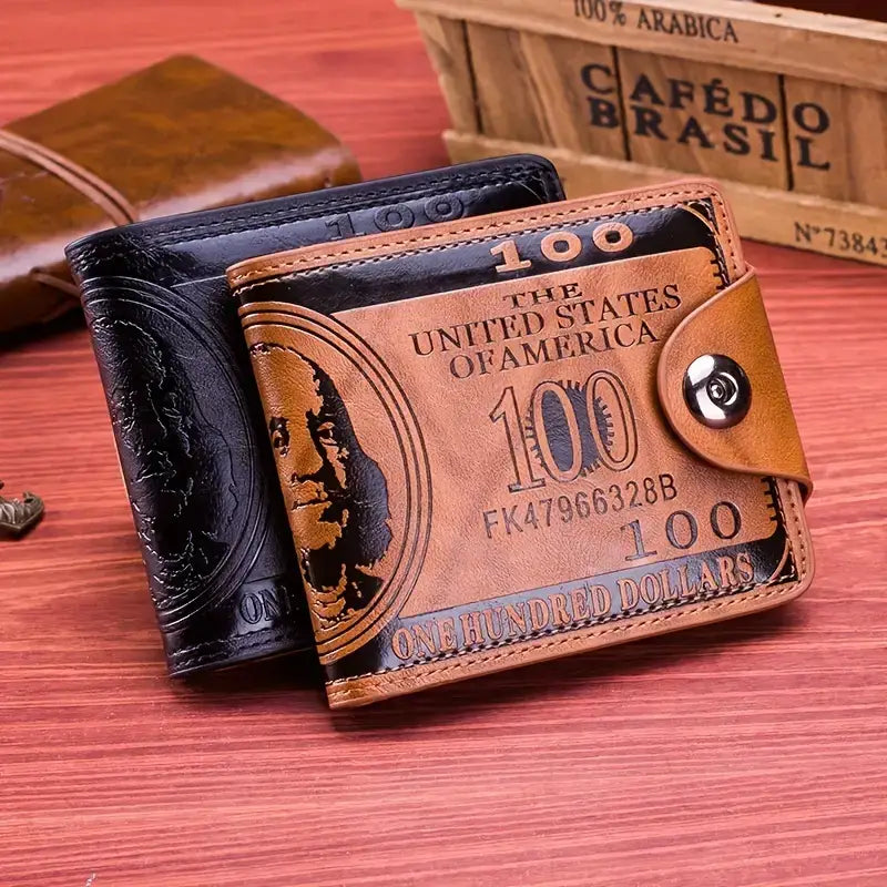 Men's Brown Leather Bifold Wallet with US Dollar Bill Design - THE OKEY GIFT SHOP