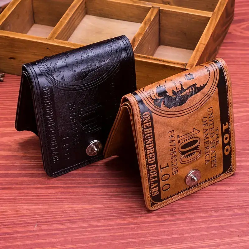 Men's Black Leather Bifold Wallet with US Dollar Bill Design - THE OKEY GIFT SHOP