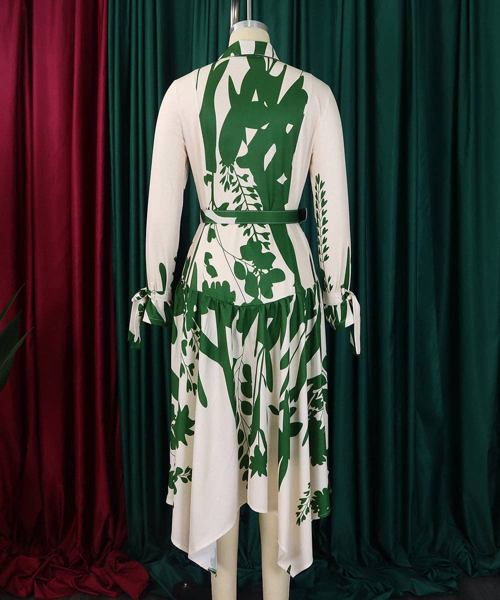 Cowl Neck Belted Print Maxi Dress: Black / 3XL