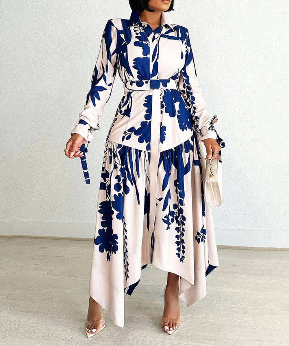 Cowl Neck Belted Print Maxi Dress: Black / 3XL