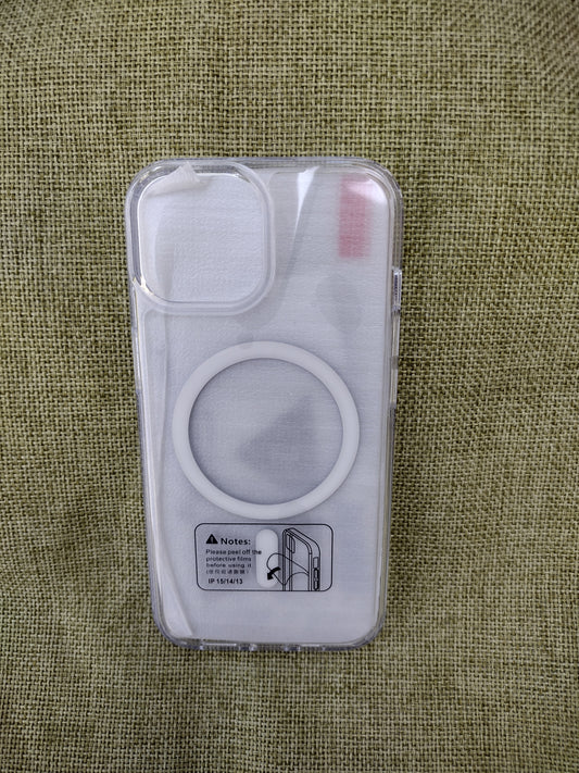 A clear MagSafe-compatible phone case with a white magnetic ring, shown empty on a textured olive green fabric background.