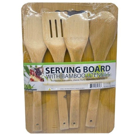 5 Piece kitchen chopping board with bamboo utensils