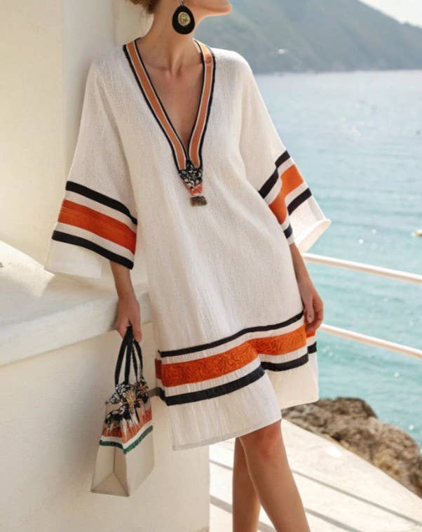 V-Neck Seaside Print Loose Dress, NO-2 / M