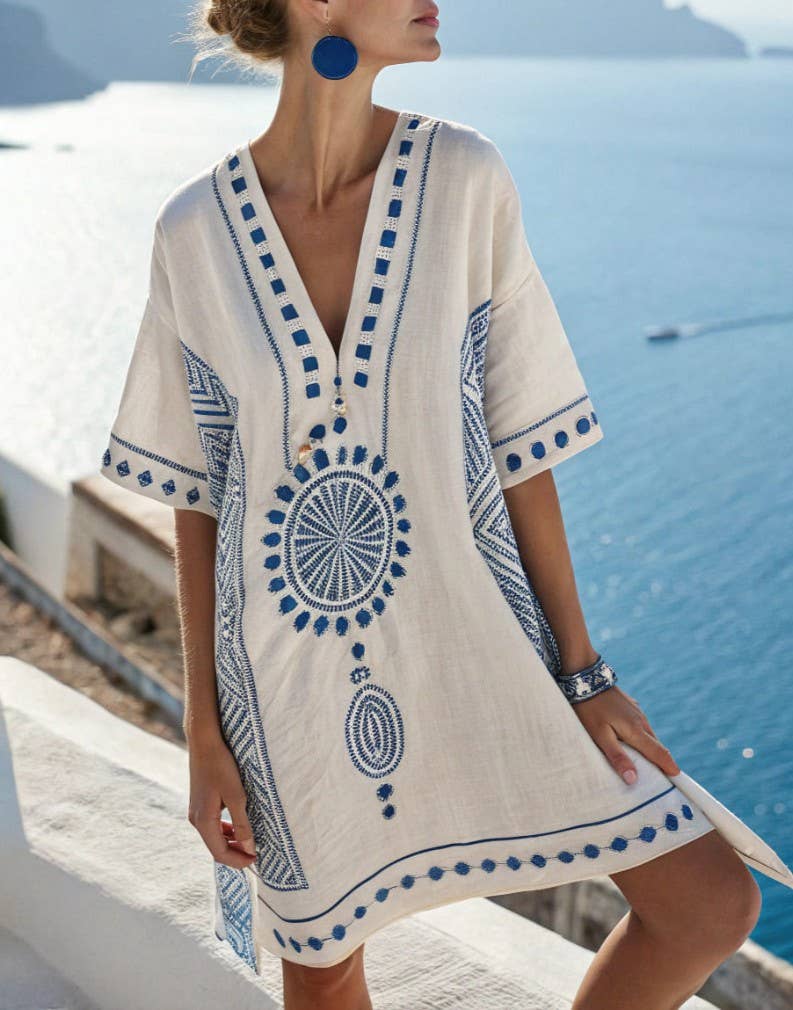V-Neck Seaside Print Loose Dress, NO-17 / L