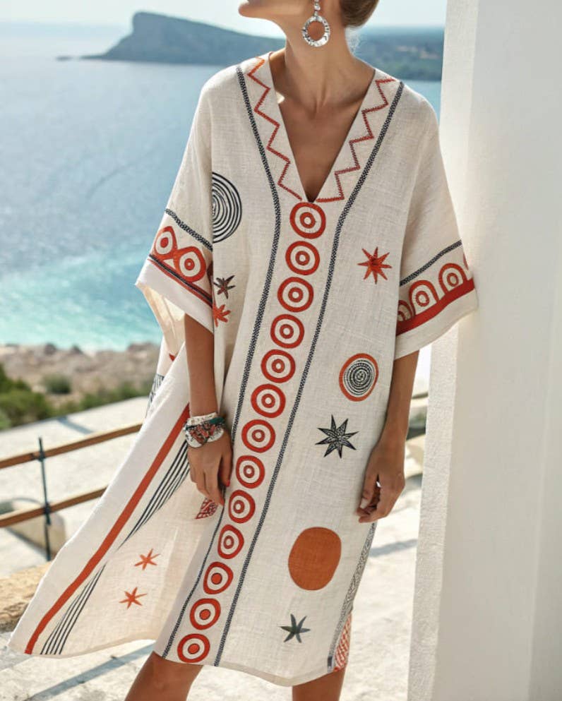 V-Neck Seaside Print Loose Dress, NO-17 / L