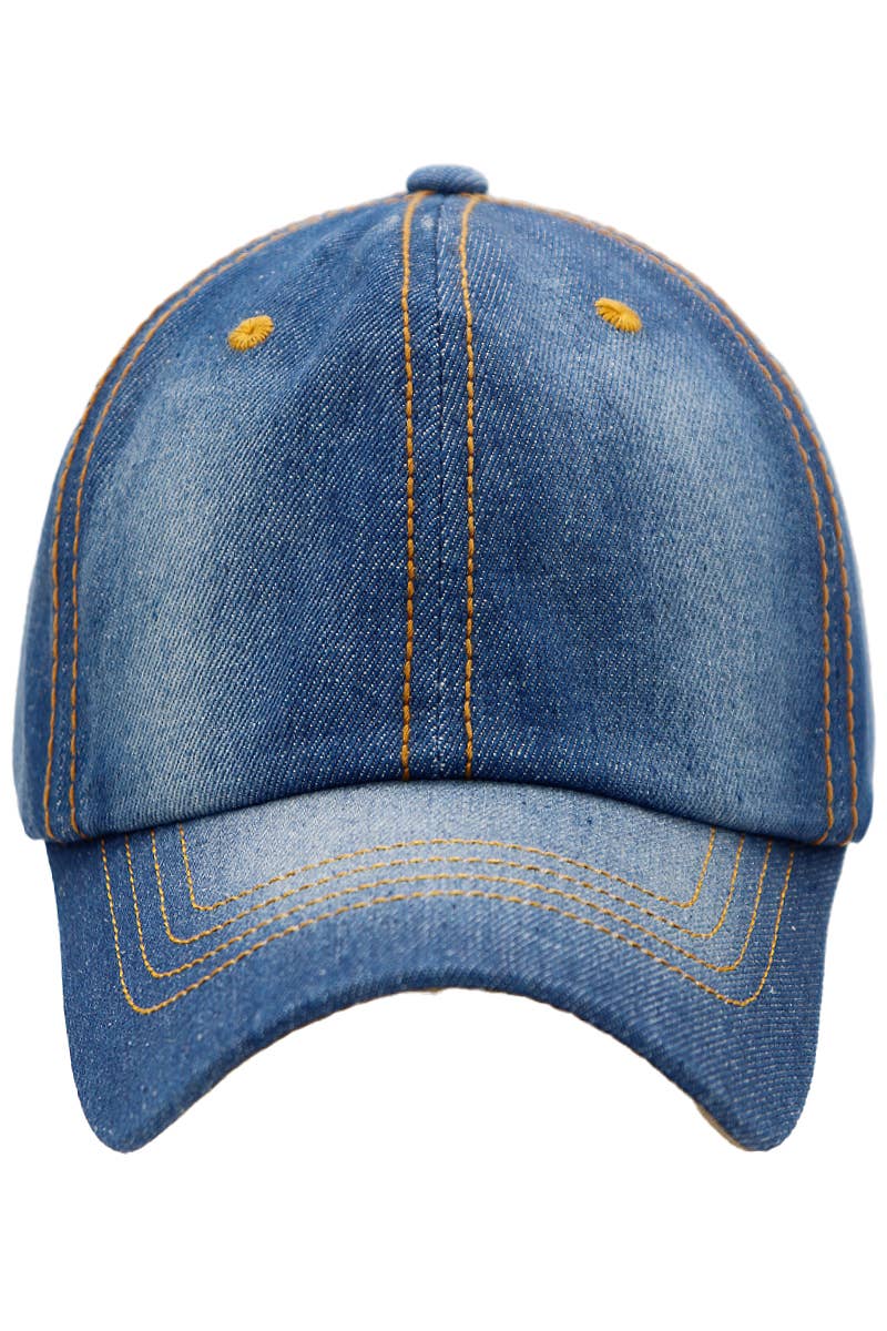 Denim Stitched Twill Cotton Six Panel Baseball Cap: Denim Dark Blue