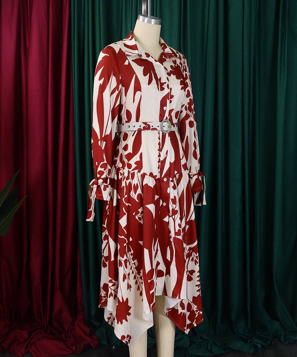 Cowl Neck Belted Print Maxi Dress: Black / 3XL