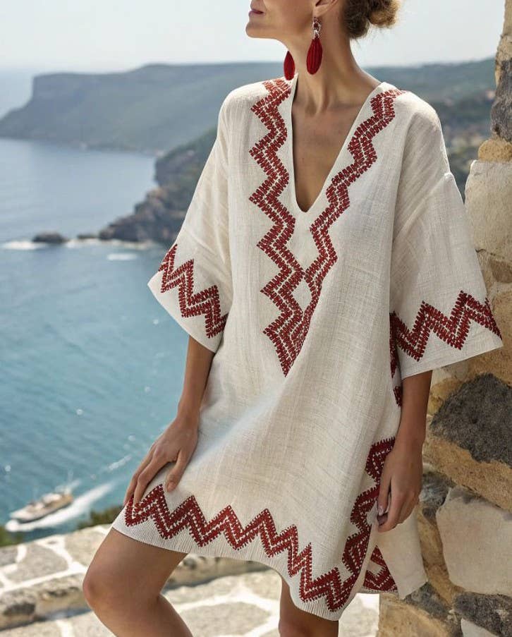 V-Neck Seaside Print Loose Dress, NO-24 / M