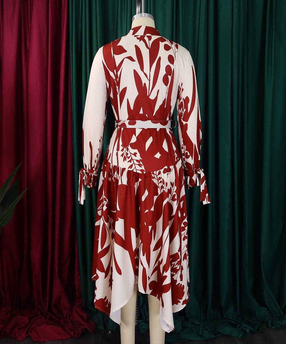 Cowl Neck Belted Print Maxi Dress: Black / 3XL