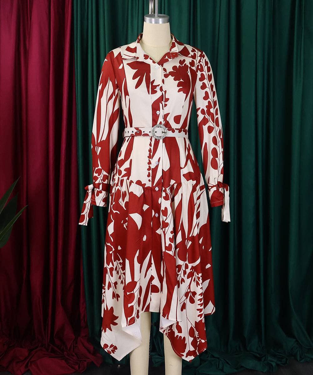 Cowl Neck Belted Print Maxi Dress: Black / 3XL