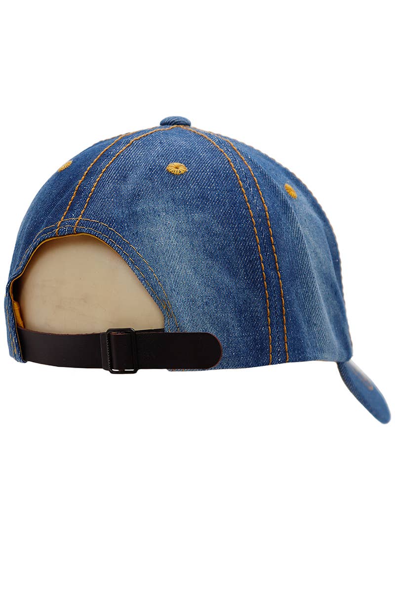 Denim Stitched Twill Cotton Six Panel Baseball Cap: Denim Blue