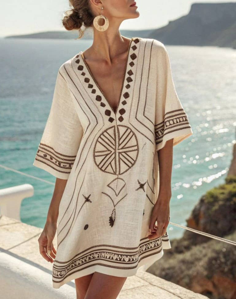 V-Neck Seaside Print Loose Dress, NO-24 / M