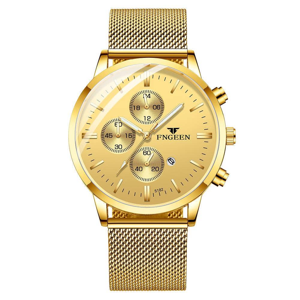 Men's Mesh Band Quartz Waterproof Watch: All Gold-Gold Noodles