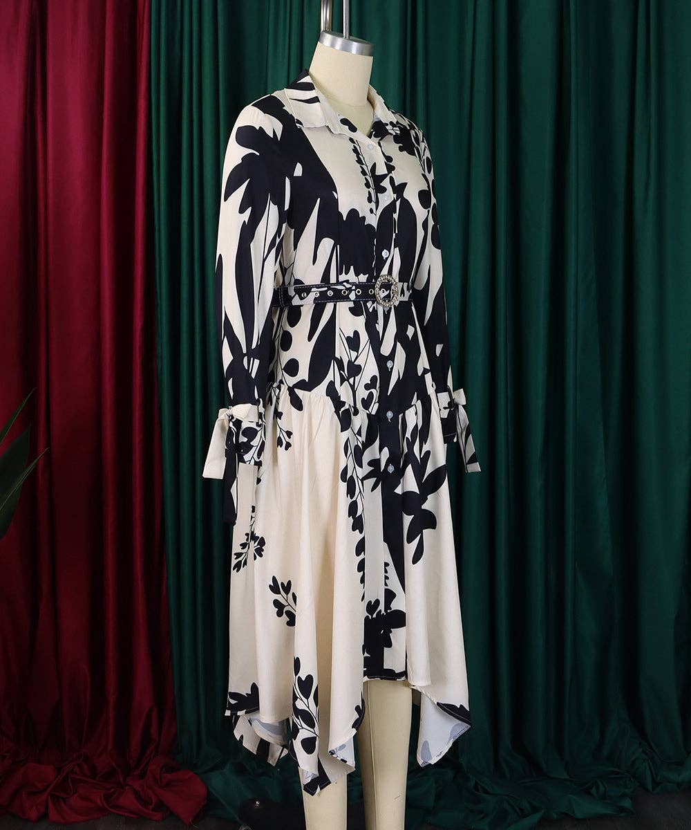 Cowl Neck Belted Print Maxi Dress: Black / 3XL