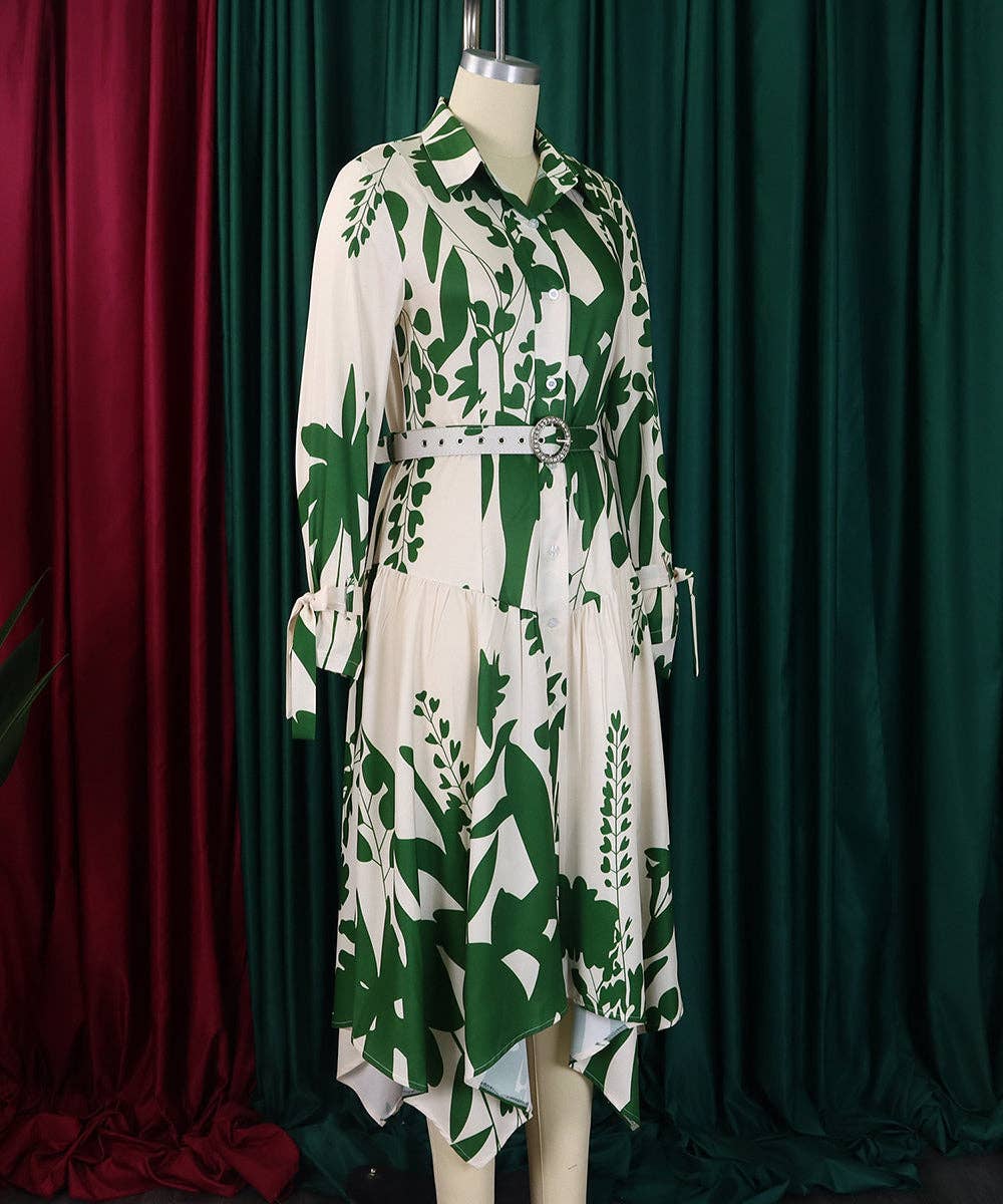 Cowl Neck Belted Print Maxi Dress: Black / 3XL