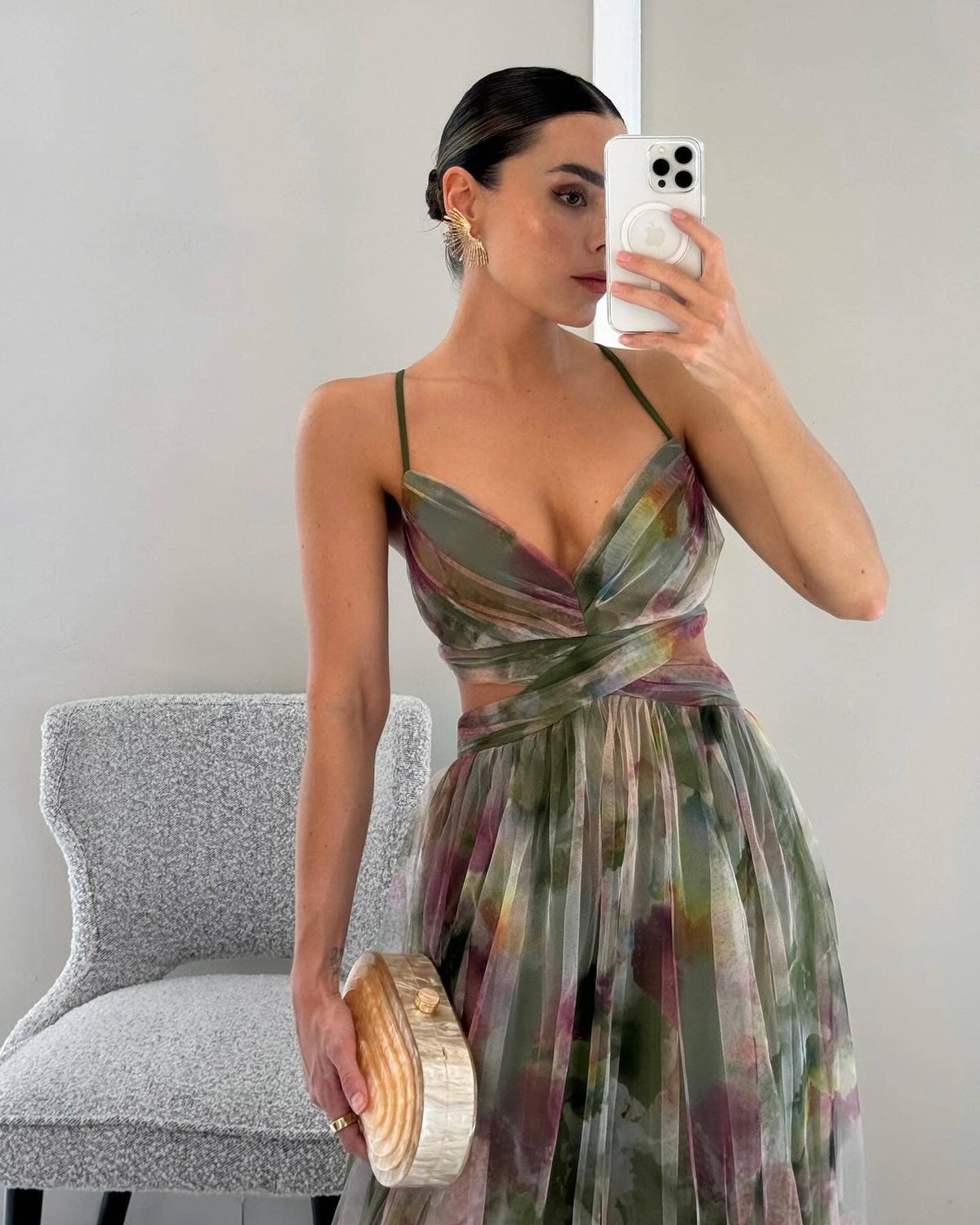 Yellow Mesh-Print Halter Swing Dress
